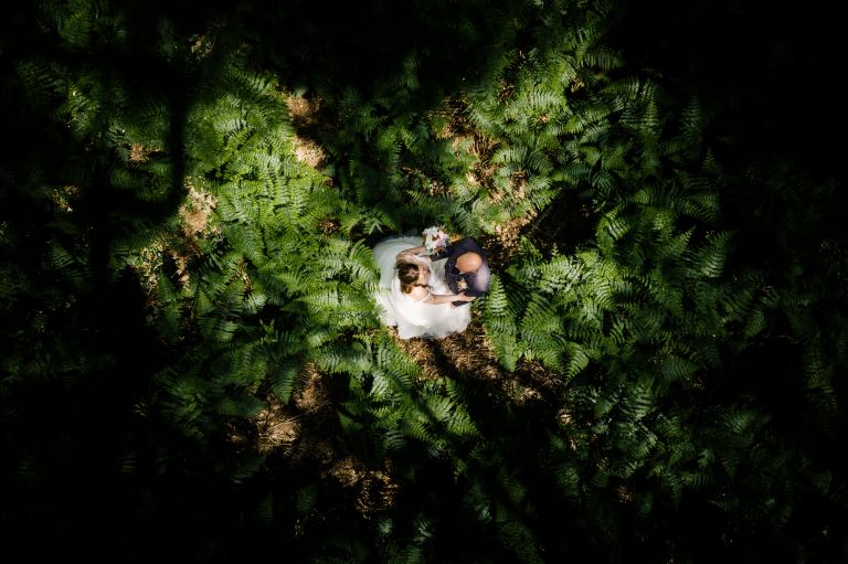 Brautpaar Drohnenfotografie in Schapen im Farnwald